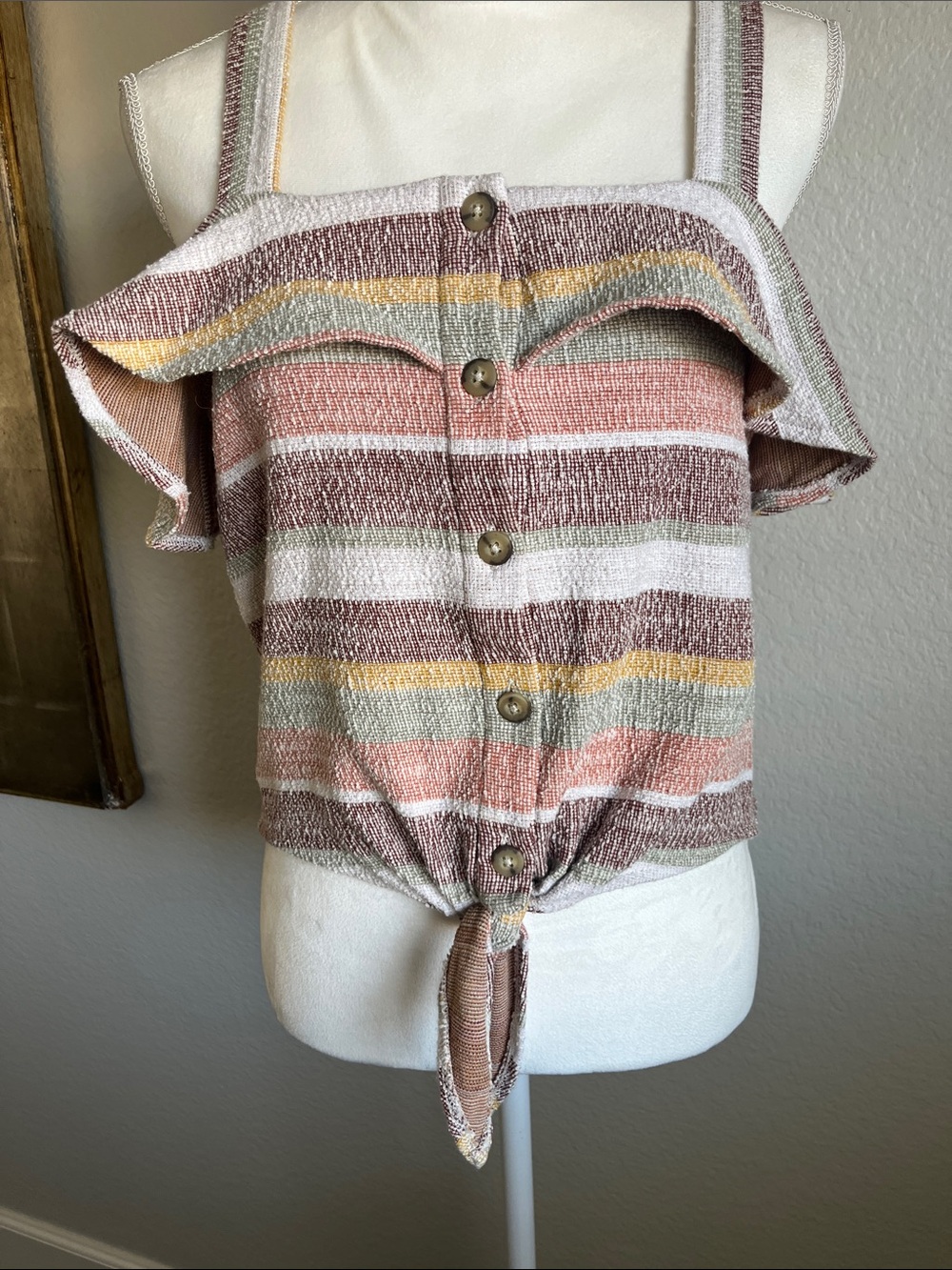 Striped Tie-Front Off-Shoulder Tank Top - Pink Multi